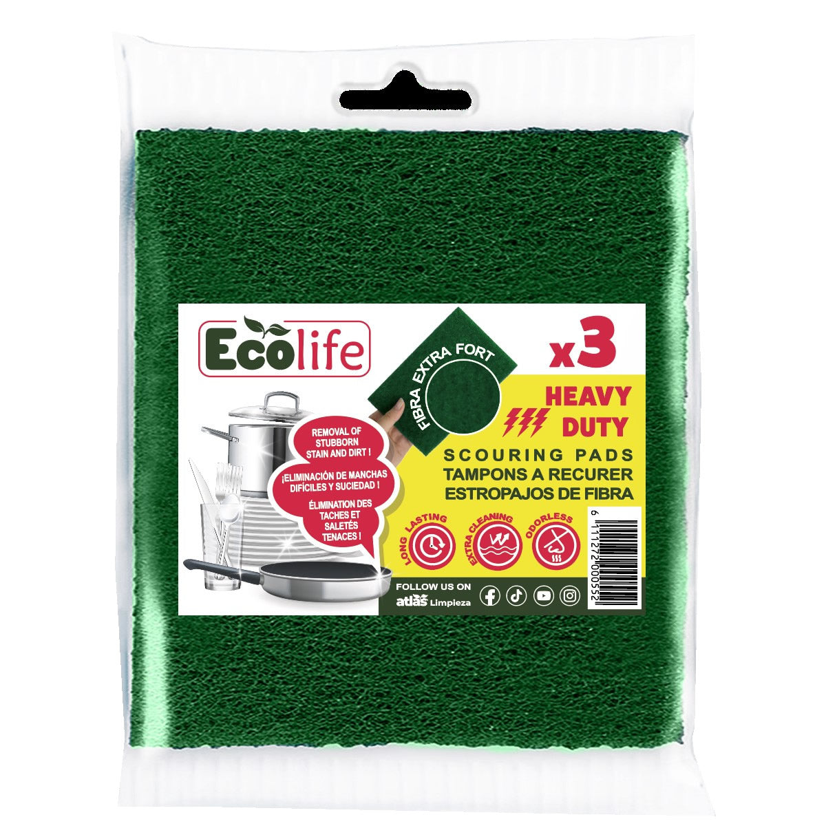SET 3 ESTROPAJOS FIBRA VERDE ECOLIFE 13X14.5 CM